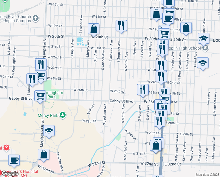 map of restaurants, bars, coffee shops, grocery stores, and more near 2442-2446 S Jackson Ave in Joplin