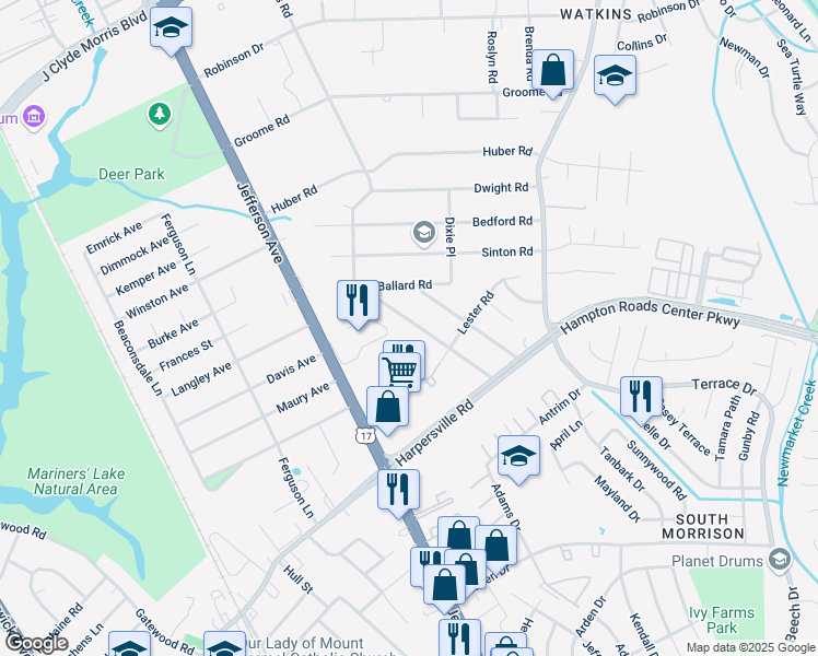 map of restaurants, bars, coffee shops, grocery stores, and more near 127 Woods Road in Newport News