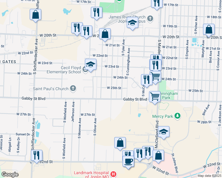 map of restaurants, bars, coffee shops, grocery stores, and more near 2522 South Adele Avenue in Joplin