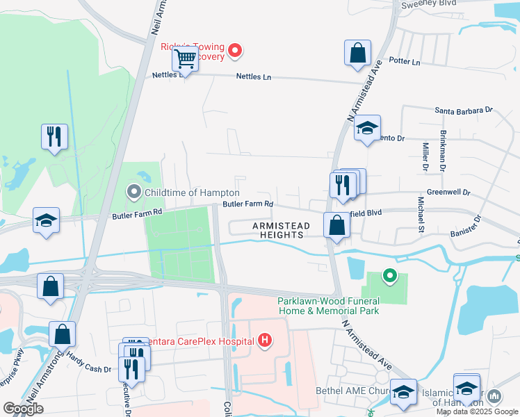 map of restaurants, bars, coffee shops, grocery stores, and more near 27 Butler Farm Road in Hampton