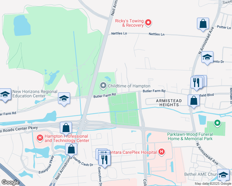 map of restaurants, bars, coffee shops, grocery stores, and more near 166 Butler Farm Road in Hampton