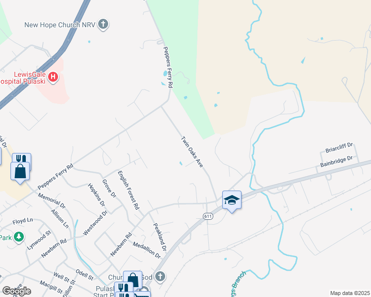 map of restaurants, bars, coffee shops, grocery stores, and more near 2042 Twin Oaks Avenue in Pulaski