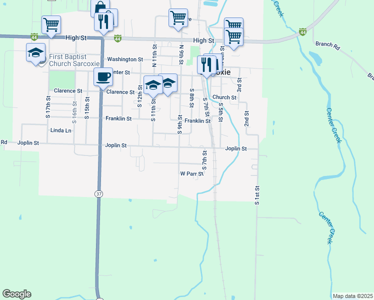 map of restaurants, bars, coffee shops, grocery stores, and more near 804 Joplin Street in Sarcoxie