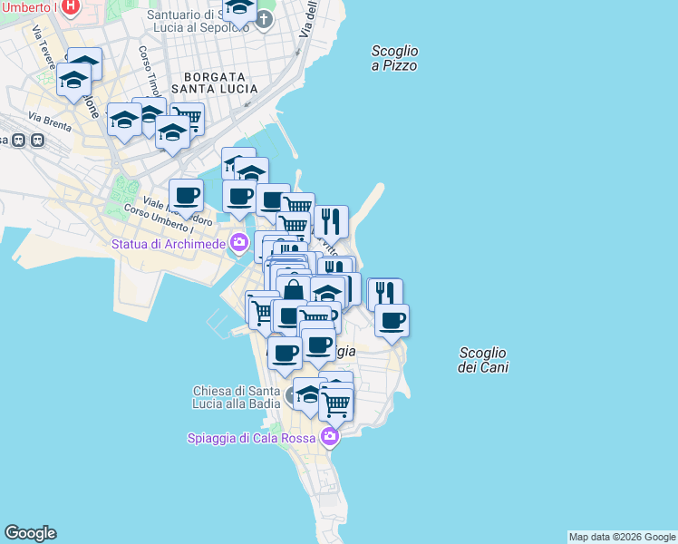map of restaurants, bars, coffee shops, grocery stores, and more near 139 Via Vittorio Veneto in Syracuse