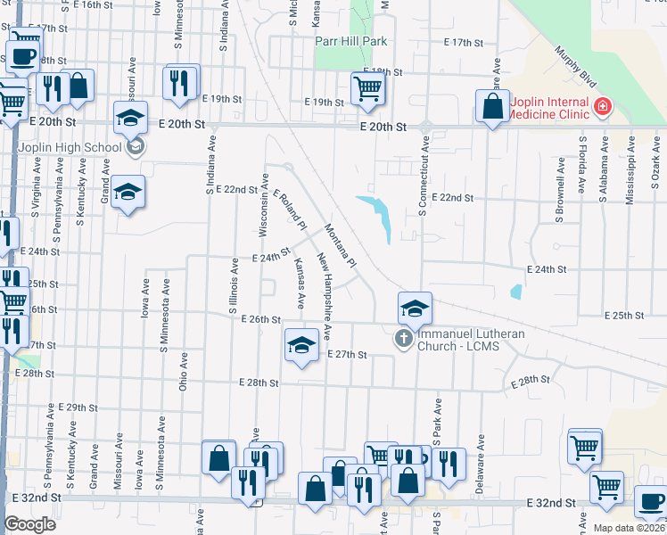 map of restaurants, bars, coffee shops, grocery stores, and more near 1417 Wimer Place in Joplin