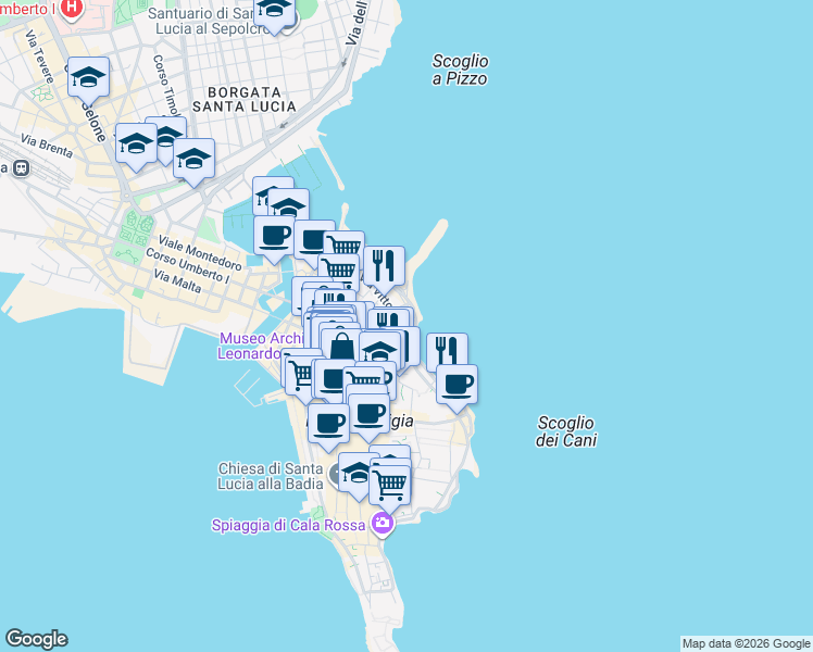 map of restaurants, bars, coffee shops, grocery stores, and more near 139 Via Vittorio Veneto in Syracuse