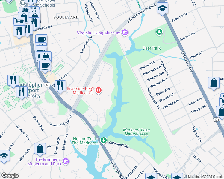 map of restaurants, bars, coffee shops, grocery stores, and more near 12700 Warwick Boulevard in Newport News