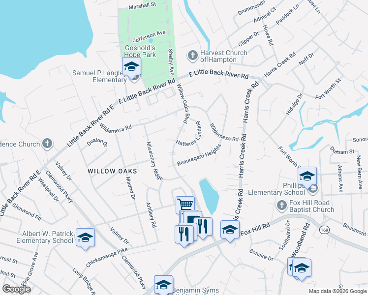 map of restaurants, bars, coffee shops, grocery stores, and more near 306 Willow Oaks Boulevard in Hampton