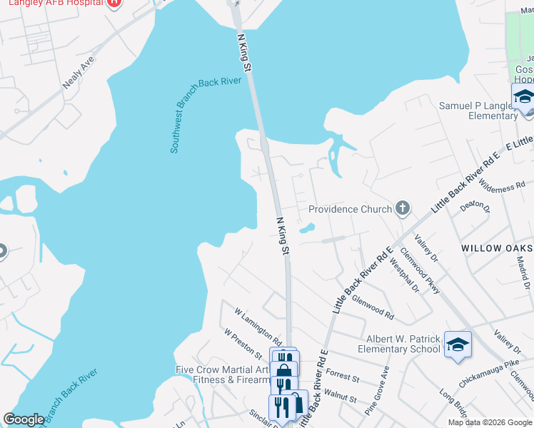 map of restaurants, bars, coffee shops, grocery stores, and more near 1579 North King Street in Hampton