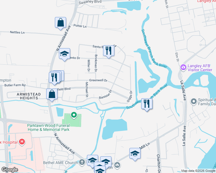 map of restaurants, bars, coffee shops, grocery stores, and more near 201 Deerfield Boulevard in Hampton