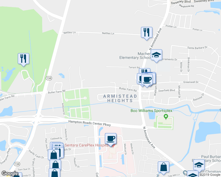 map of restaurants, bars, coffee shops, grocery stores, and more near 87 Corbin Drive in Hampton
