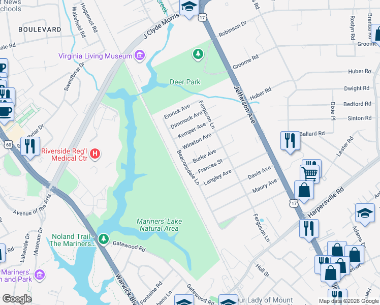 map of restaurants, bars, coffee shops, grocery stores, and more near 54 Beaconsdale Lane in Newport News