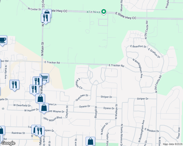 map of restaurants, bars, coffee shops, grocery stores, and more near 1394 North Sandy Creek Circle in Nixa