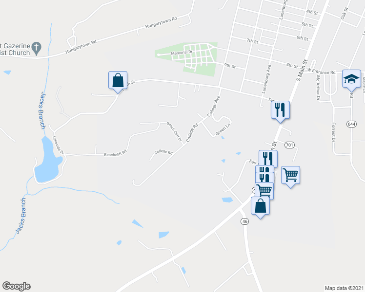 map of restaurants, bars, coffee shops, grocery stores, and more near College Road in Blackstone