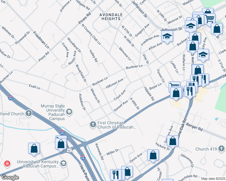 map of restaurants, bars, coffee shops, grocery stores, and more near 221 Magnolia Drive in Paducah