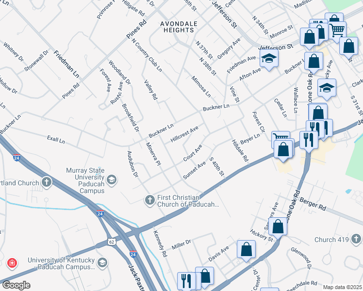 map of restaurants, bars, coffee shops, grocery stores, and more near 221 Magnolia Drive in Paducah