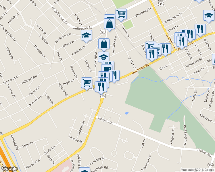 map of restaurants, bars, coffee shops, grocery stores, and more near 516 Lone Oak Road in Paducah