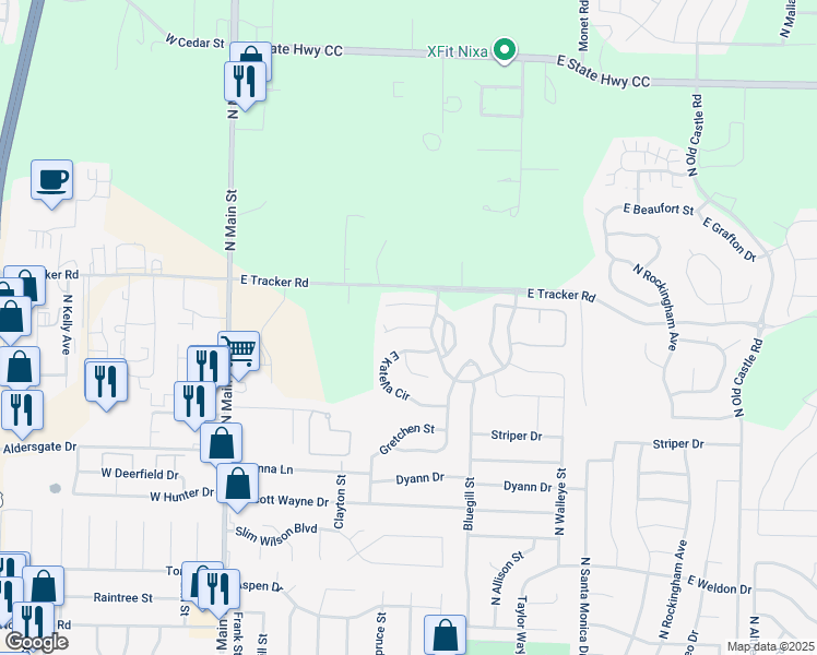 map of restaurants, bars, coffee shops, grocery stores, and more near 599 Selby in Nixa