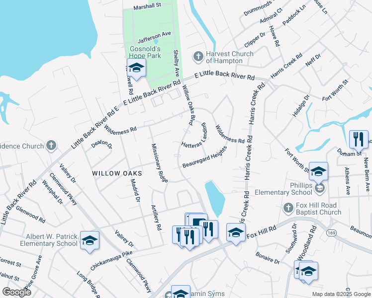 map of restaurants, bars, coffee shops, grocery stores, and more near 4 Hatteras Landing in Hampton