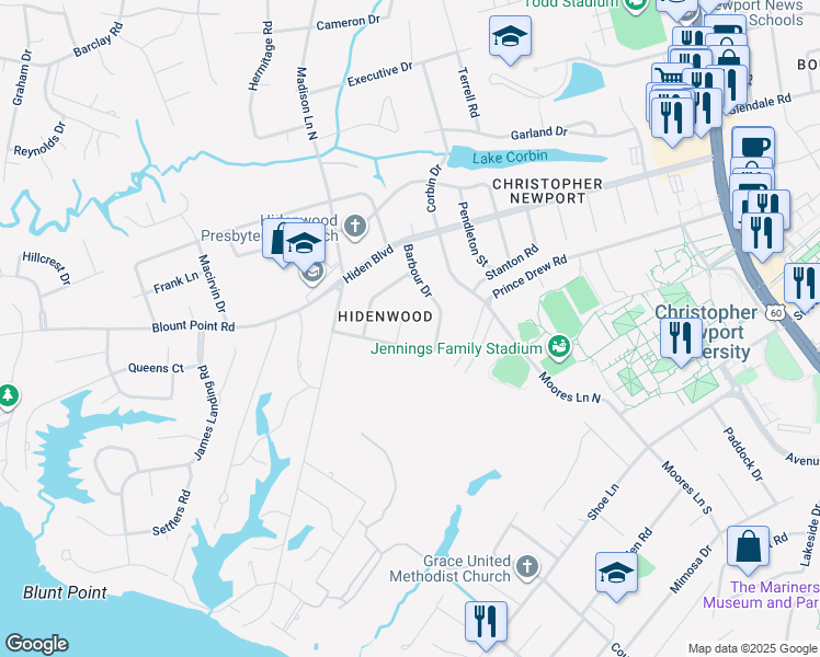 map of restaurants, bars, coffee shops, grocery stores, and more near 4 Wallace Circle in Newport News