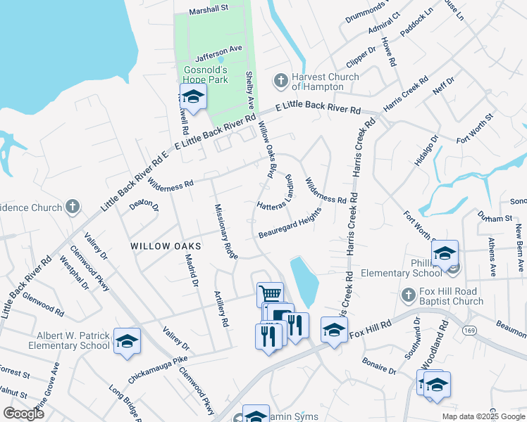 map of restaurants, bars, coffee shops, grocery stores, and more near 4 Hatteras Landing in Hampton
