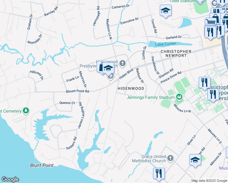 map of restaurants, bars, coffee shops, grocery stores, and more near 8 Madison Lane South in Newport News