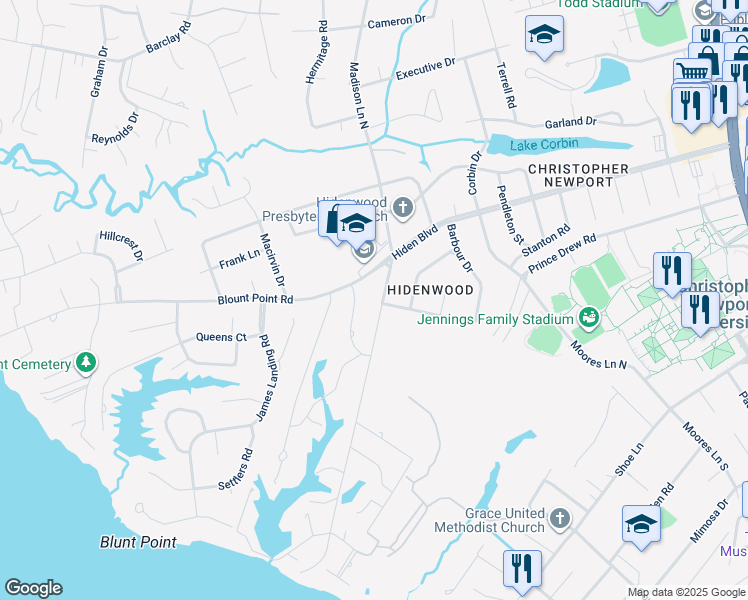 map of restaurants, bars, coffee shops, grocery stores, and more near 8 Madison Lane South in Newport News