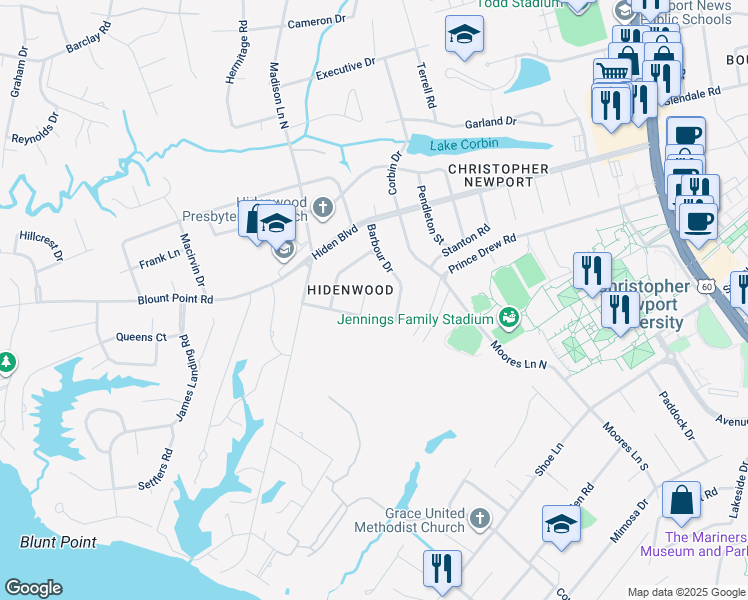 map of restaurants, bars, coffee shops, grocery stores, and more near 4 Wallace Circle in Newport News
