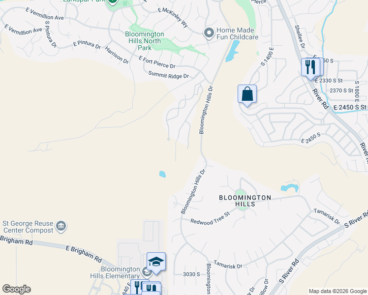map of restaurants, bars, coffee shops, grocery stores, and more near 1140 Fort Pierce Drive in St. George