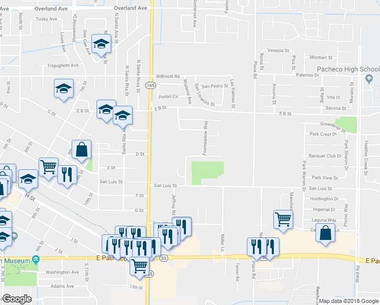map of restaurants, bars, coffee shops, grocery stores, and more near 1532 Racquet Club Drive in Los Banos