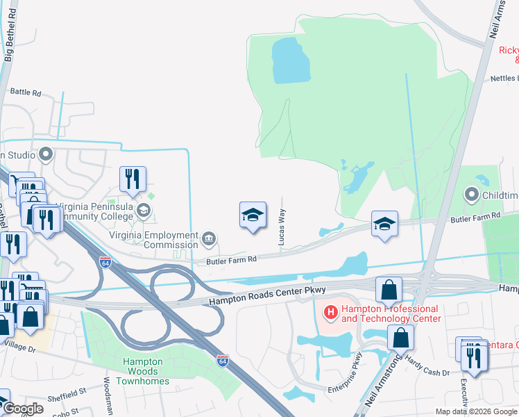 map of restaurants, bars, coffee shops, grocery stores, and more near 520 Butler Farm Road in Hampton