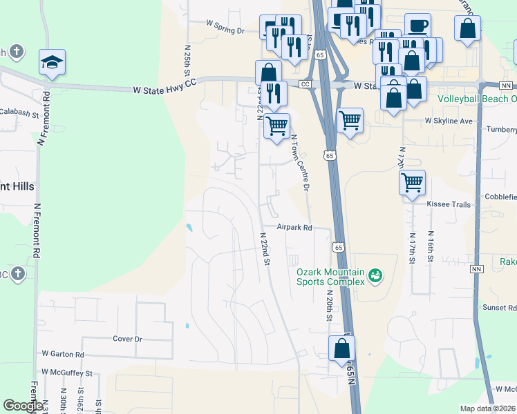 map of restaurants, bars, coffee shops, grocery stores, and more near 5000 North 22nd Street in Ozark