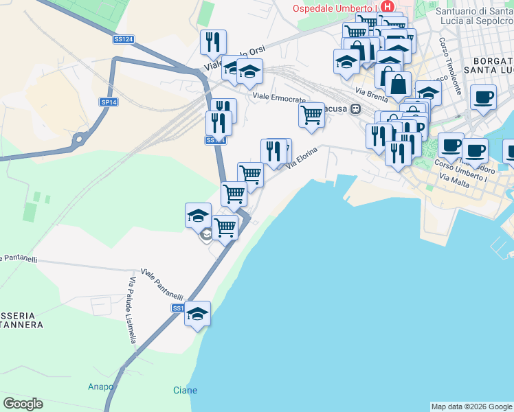 map of restaurants, bars, coffee shops, grocery stores, and more near 51 Via Elorina in Syracuse