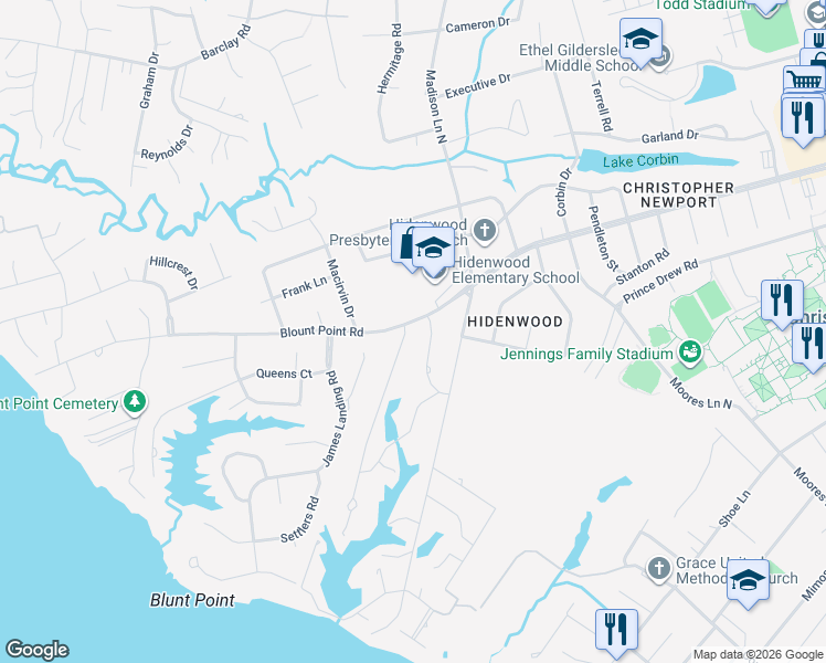 map of restaurants, bars, coffee shops, grocery stores, and more near 3 Langhorne Road in Newport News
