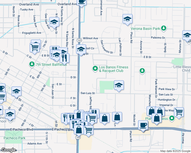 map of restaurants, bars, coffee shops, grocery stores, and more near 1532 Racquet Club Drive in Los Banos