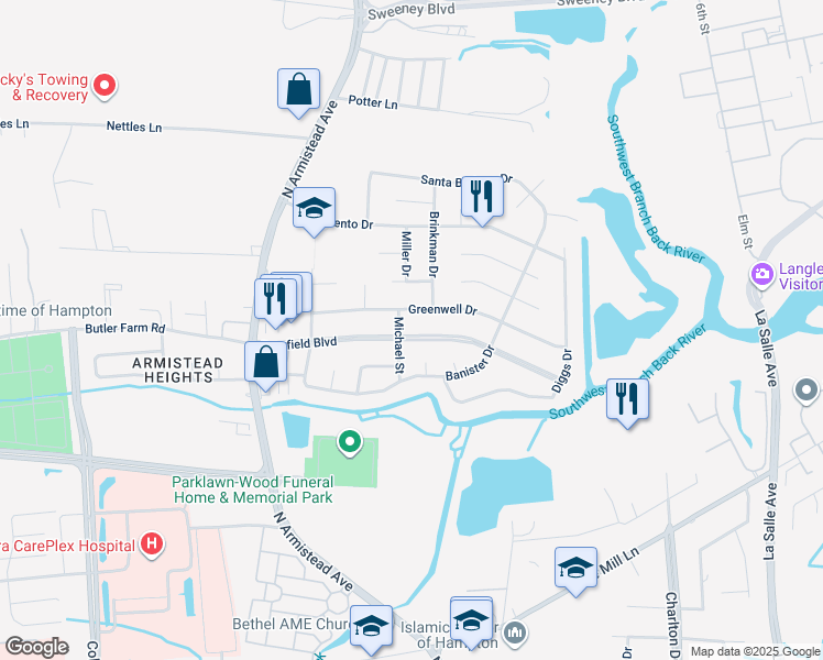 map of restaurants, bars, coffee shops, grocery stores, and more near 103 Deerfield Boulevard in Hampton