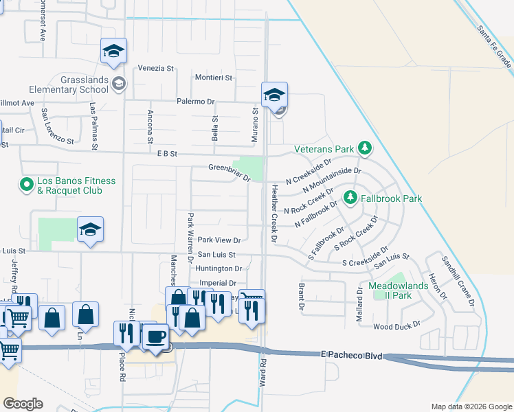 map of restaurants, bars, coffee shops, grocery stores, and more near 489 Heather Creek Drive in Los Banos