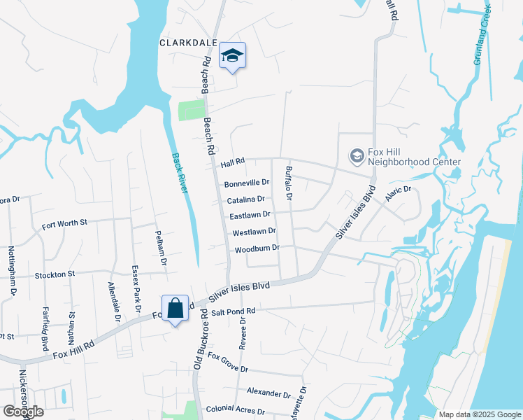 map of restaurants, bars, coffee shops, grocery stores, and more near 19 Eastlawn Drive in Hampton