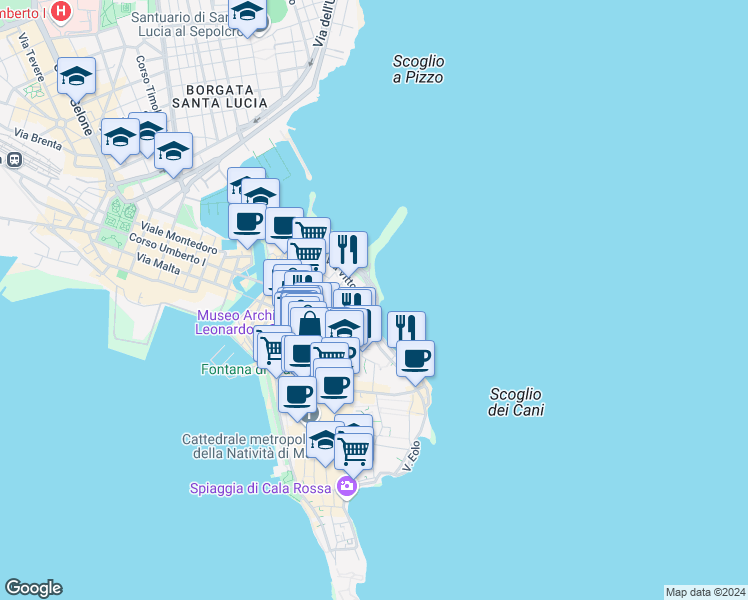 map of restaurants, bars, coffee shops, grocery stores, and more near 139 Via Vittorio Veneto in Syracuse