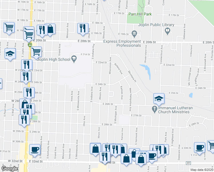 map of restaurants, bars, coffee shops, grocery stores, and more near 2402 Wisconsin Avenue in Joplin