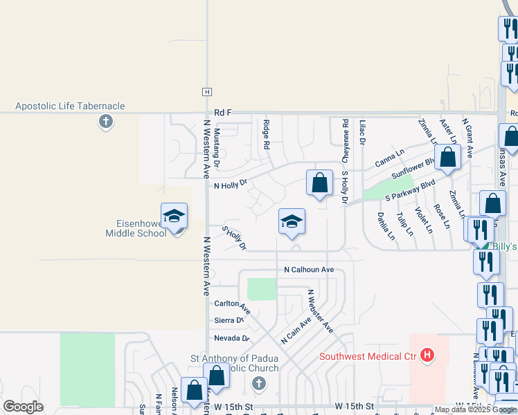 map of restaurants, bars, coffee shops, grocery stores, and more near 2260 Sierra Drive in Liberal