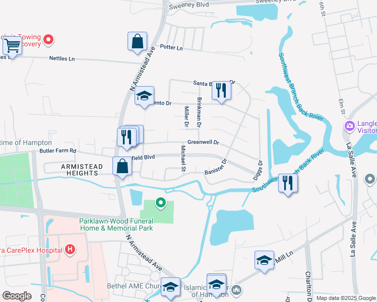 map of restaurants, bars, coffee shops, grocery stores, and more near 103 Deerfield Boulevard in Hampton