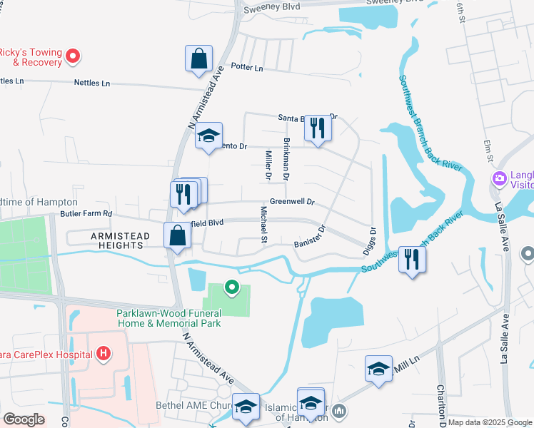 map of restaurants, bars, coffee shops, grocery stores, and more near 101 Deerfield Boulevard in Hampton