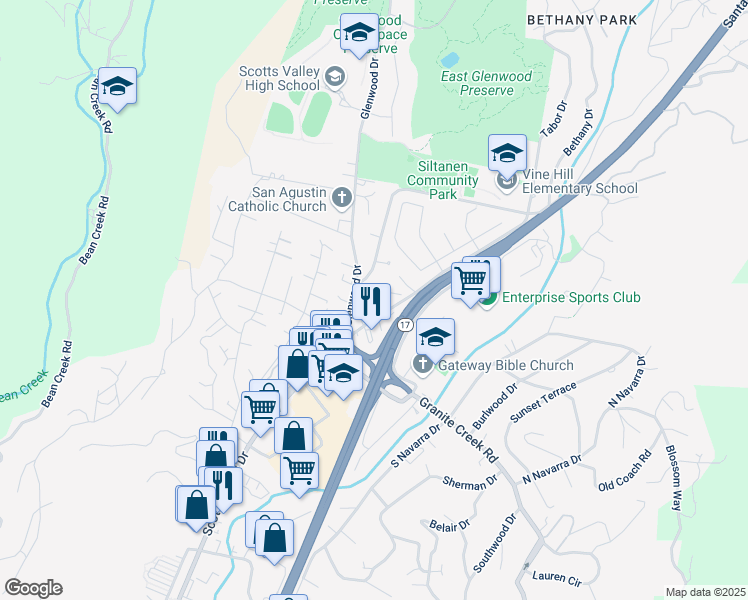 map of restaurants, bars, coffee shops, grocery stores, and more near 6011 Scotts Valley Drive in Scotts Valley