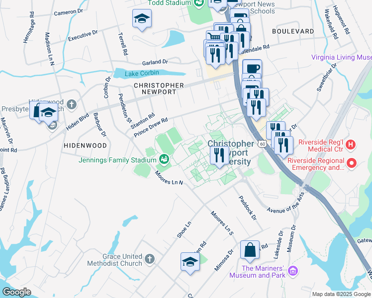 map of restaurants, bars, coffee shops, grocery stores, and more near 101 University Place in Newport News