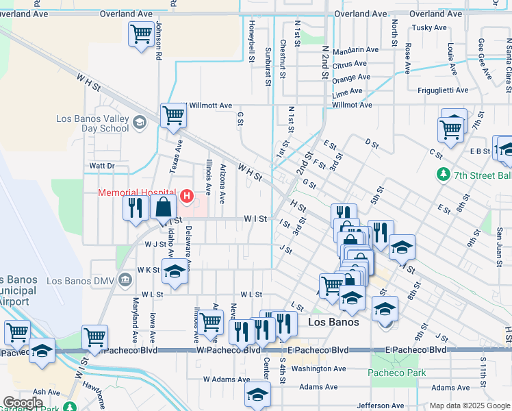 map of restaurants, bars, coffee shops, grocery stores, and more near 44 West I Street in Los Banos