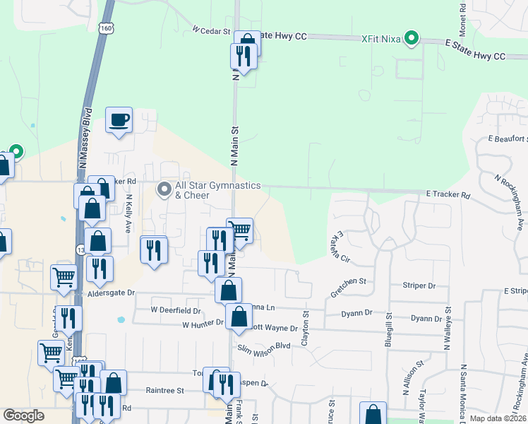 map of restaurants, bars, coffee shops, grocery stores, and more near 1209B North Main Street in Nixa