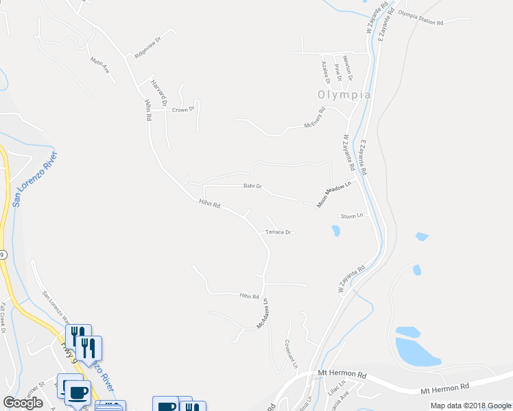map of restaurants, bars, coffee shops, grocery stores, and more near 150 Indian Springs Drive in Ben Lomond