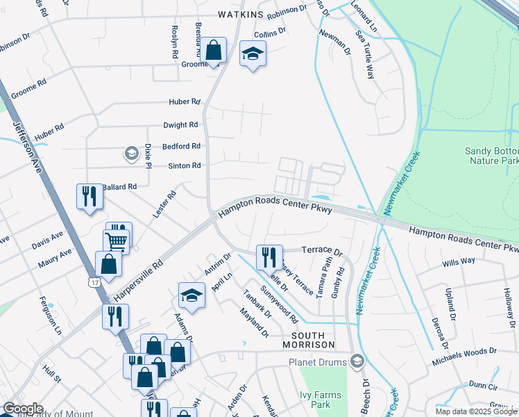 map of restaurants, bars, coffee shops, grocery stores, and more near 820 Roberto Drive in Newport News