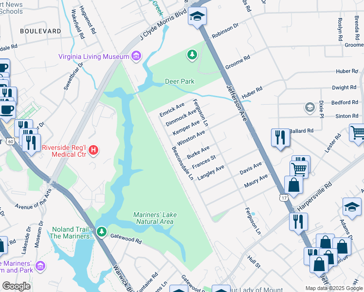map of restaurants, bars, coffee shops, grocery stores, and more near 6 Winston Avenue in Newport News